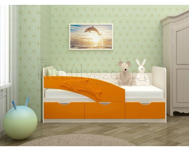 Дельфин-3 Кровать детская 3 ящика без ручек 1.8 Оранжевый глянец