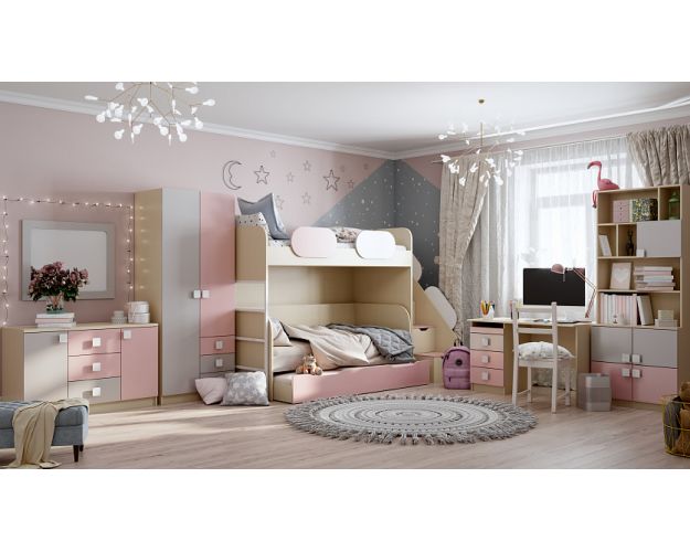 Система хранения над кроватью Грэйси (Розовый/Серый/корпус Клен)