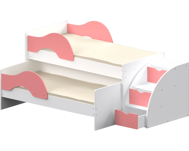 Кровать детская Матрешка выкатная с лестницей  Белый/Розовый