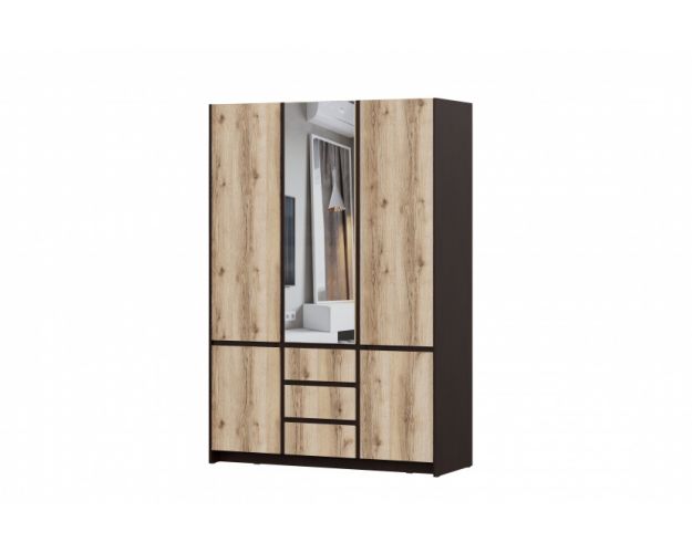 Шкаф для одежды 3-х створчатый с зеркалом МС Прага (Дуб Венге/Дуб Делано) в Новосибирске