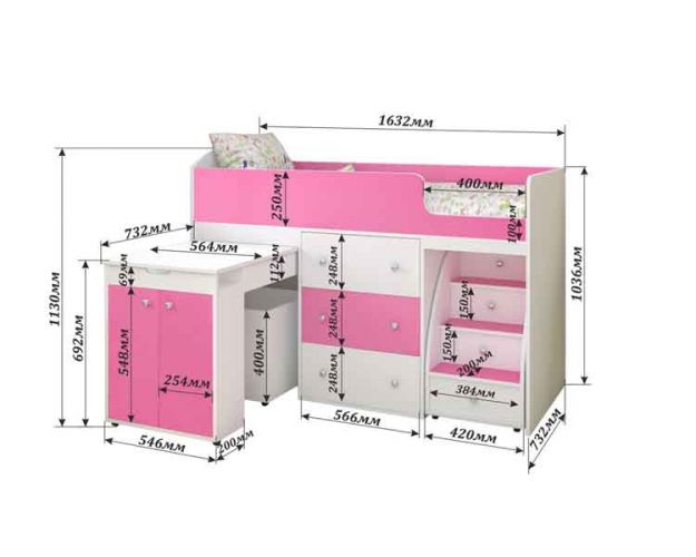 Кровать-чердак Малыш 1600 Дуб молочный/Розовый